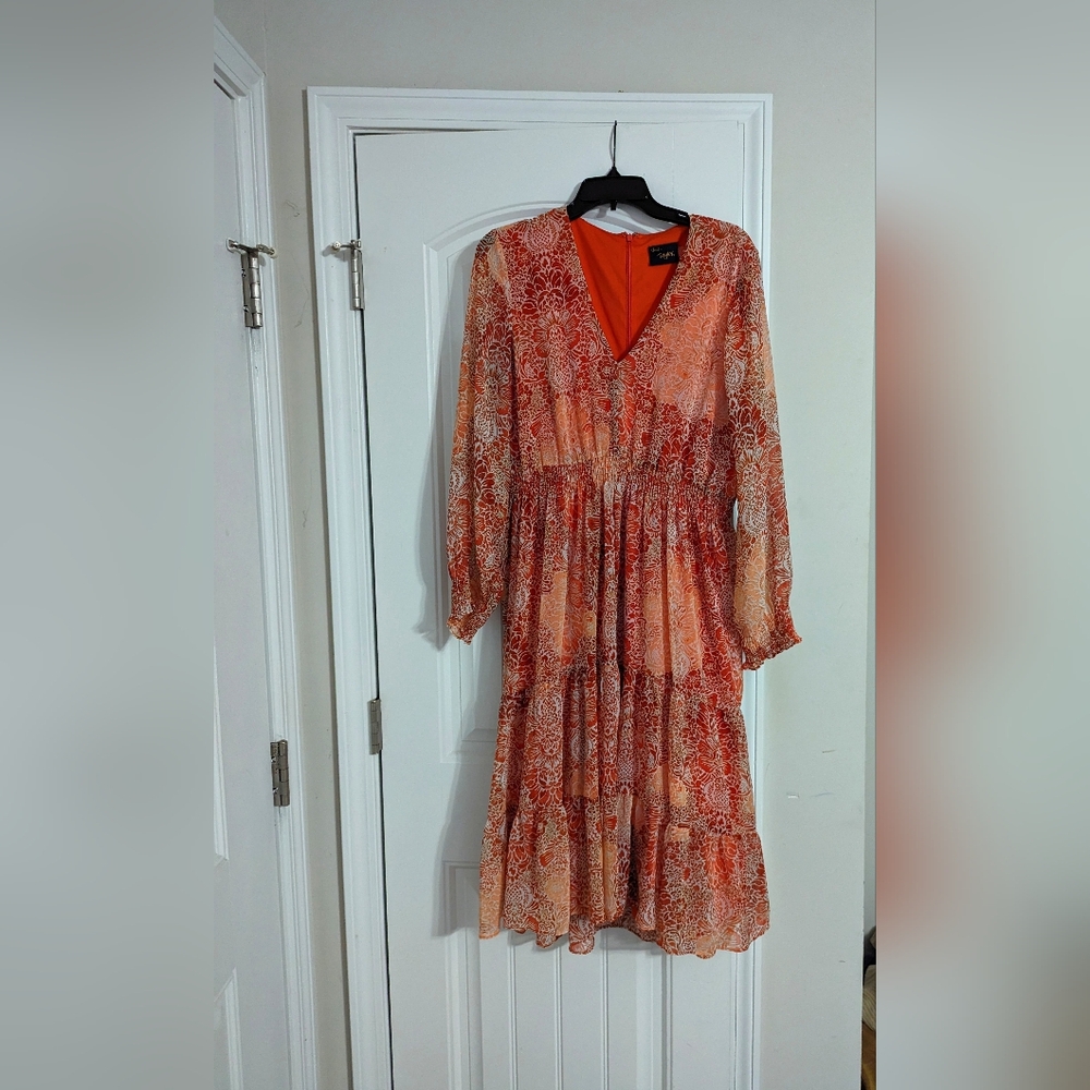 Women's Bohemian Flower Pattern Dress Tiered V Line Long Sleeve Dress